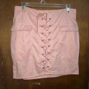 Pastel Pink Suede Lace Up Pencil Skirt